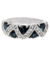 Blue Sapphire and Diamond Tapered Ring in White Gold
