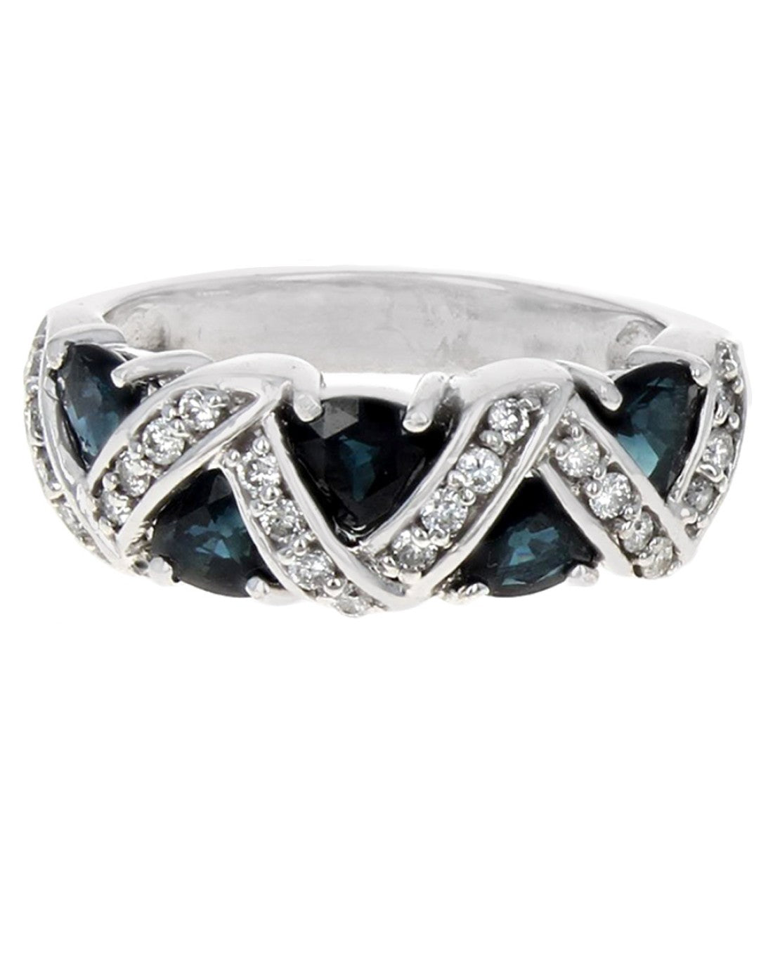 Blue Sapphire and Diamond Tapered Ring in White Gold