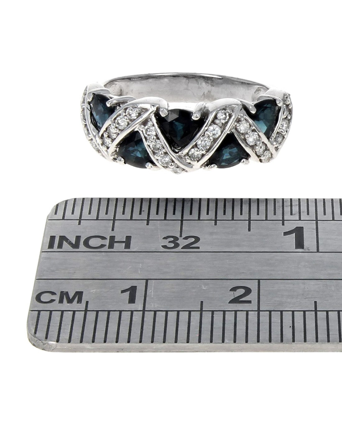 Blue Sapphire and Diamond Tapered Ring in White Gold
