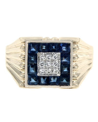 Blue Sapphire and Diamond Square Top Ring