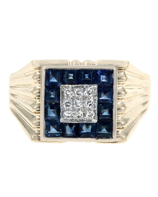Blue Sapphire and Diamond Square Top Ring