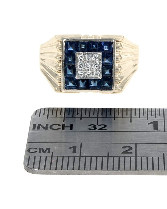 Blue Sapphire and Diamond Square Top Ring