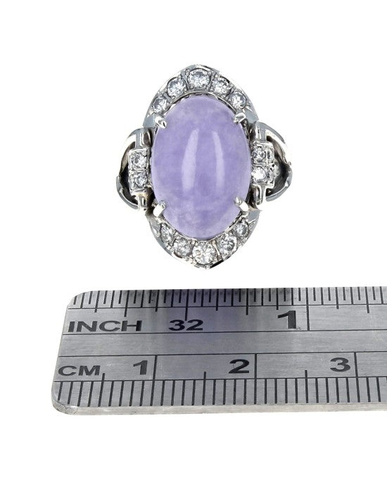 Lavender Jadeite and Diamond Halo Ring in Platinum