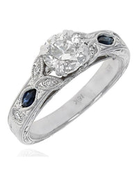 Diamond and Blue Sapphire Accent Engagement Ring in White Gold