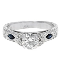 Diamond and Blue Sapphire Accent Engagement Ring in White Gold