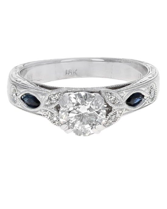 Diamond and Blue Sapphire Accent Engagement Ring in White Gold