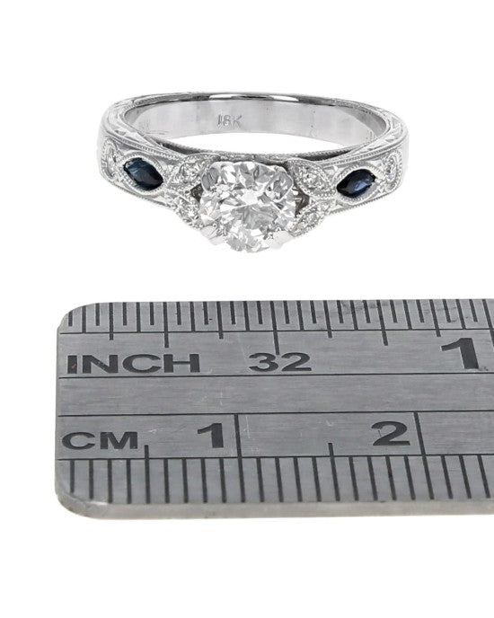 Diamond and Blue Sapphire Accent Engagement Ring in White Gold