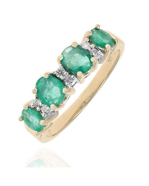 Alternating 3 Row Emerald and Diamond Rooftop Ring in Yellow Gold