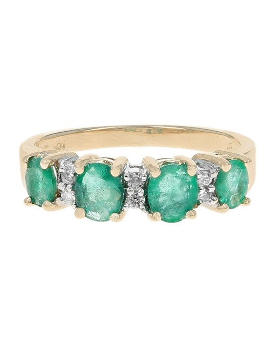 Alternating 3 Row Emerald and Diamond Rooftop Ring in Yellow Gold