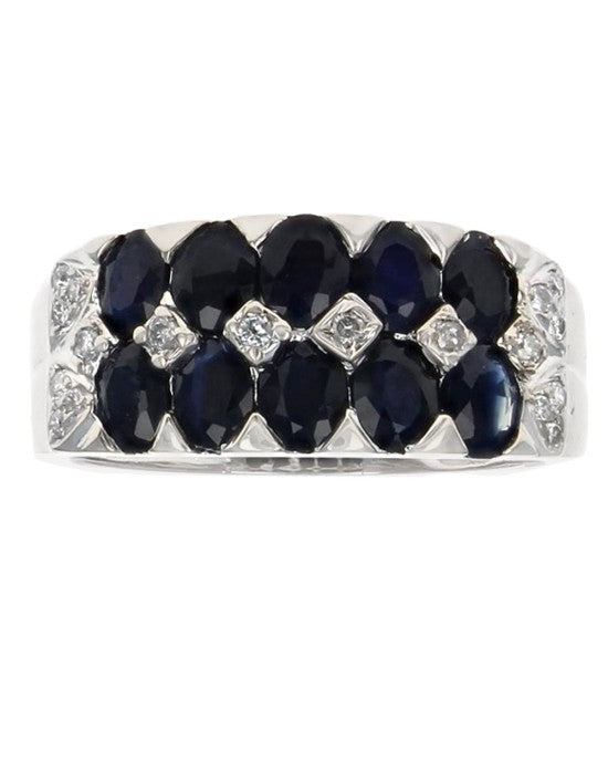 2 Row Blue Sapphire and Diamond Accent Ring in White Gold