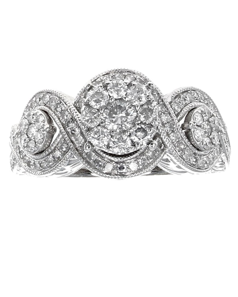 Diamond Triple Cluster Crossover Milgrain Engagement Ring in White Gold
