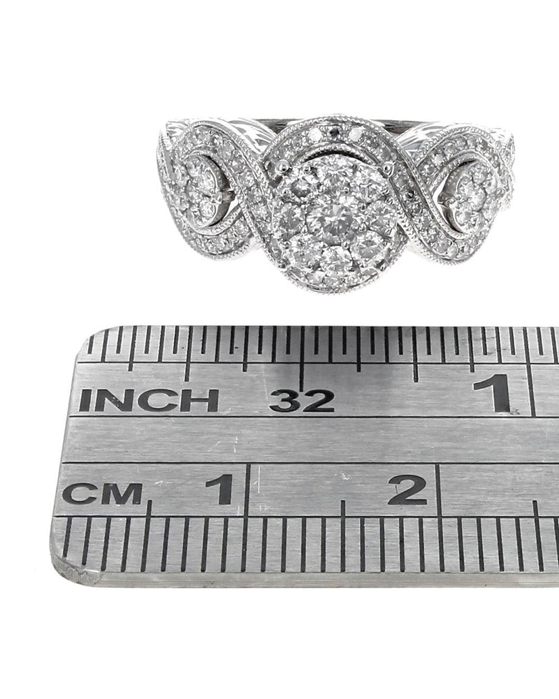 Diamond Triple Cluster Crossover Milgrain Engagement Ring in White Gold