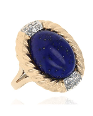 Lapis and Diamond Fluted Halo Ring in White and Yellow Gold