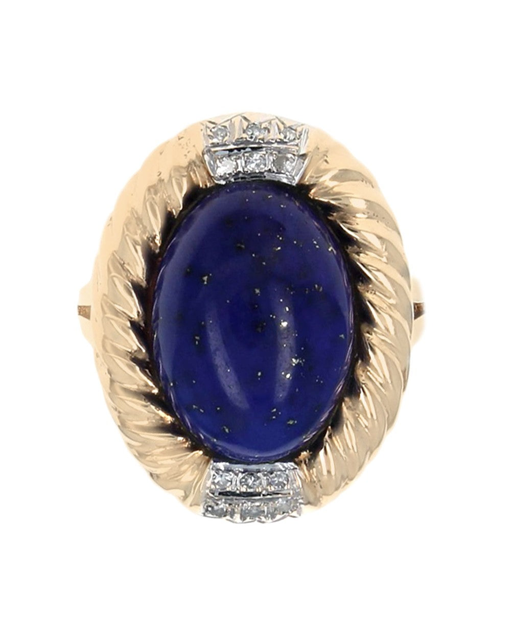 Lapis and Diamond Fluted Halo Ring in White and Yellow Gold