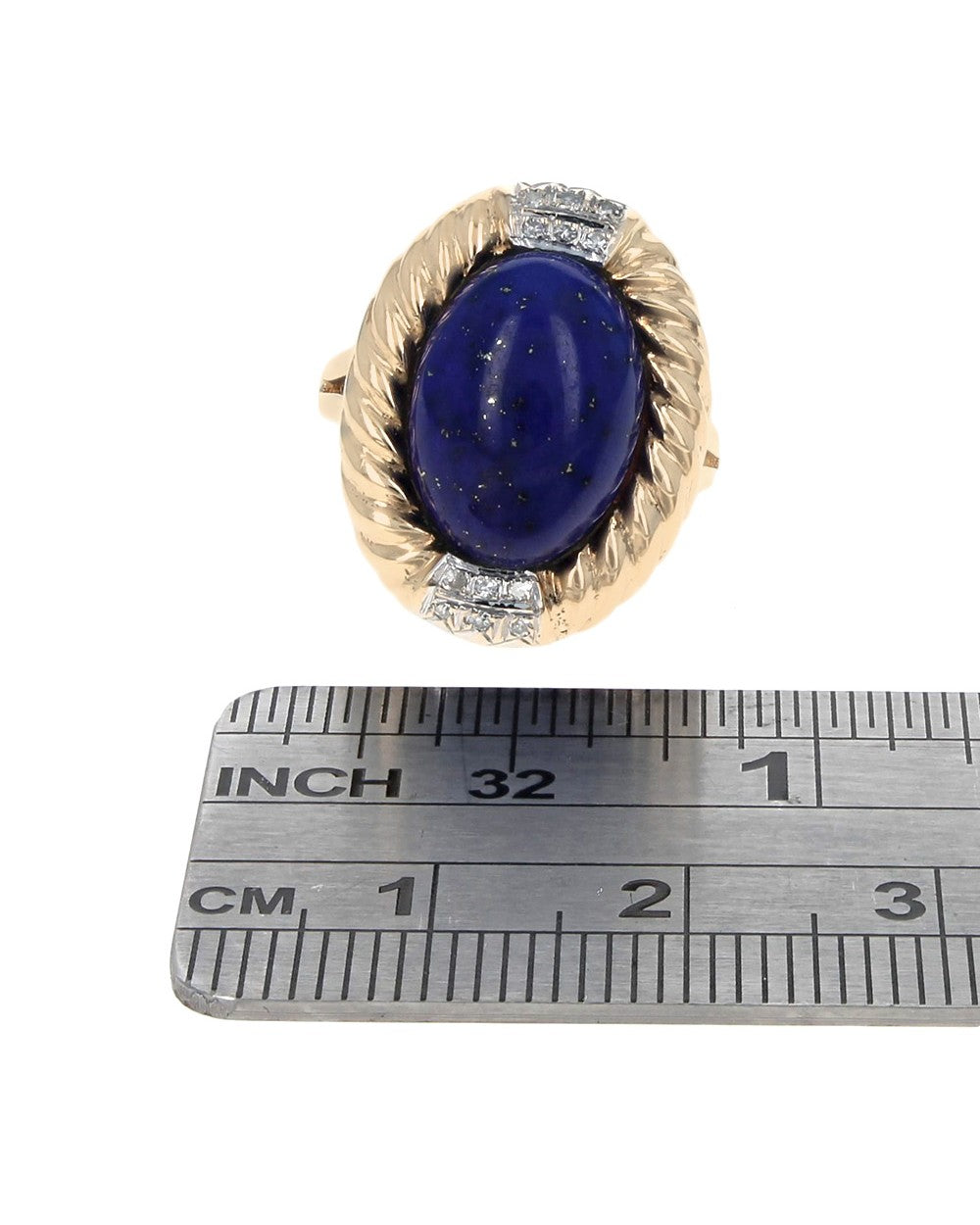 Lapis and Diamond Fluted Halo Ring in White and Yellow Gold