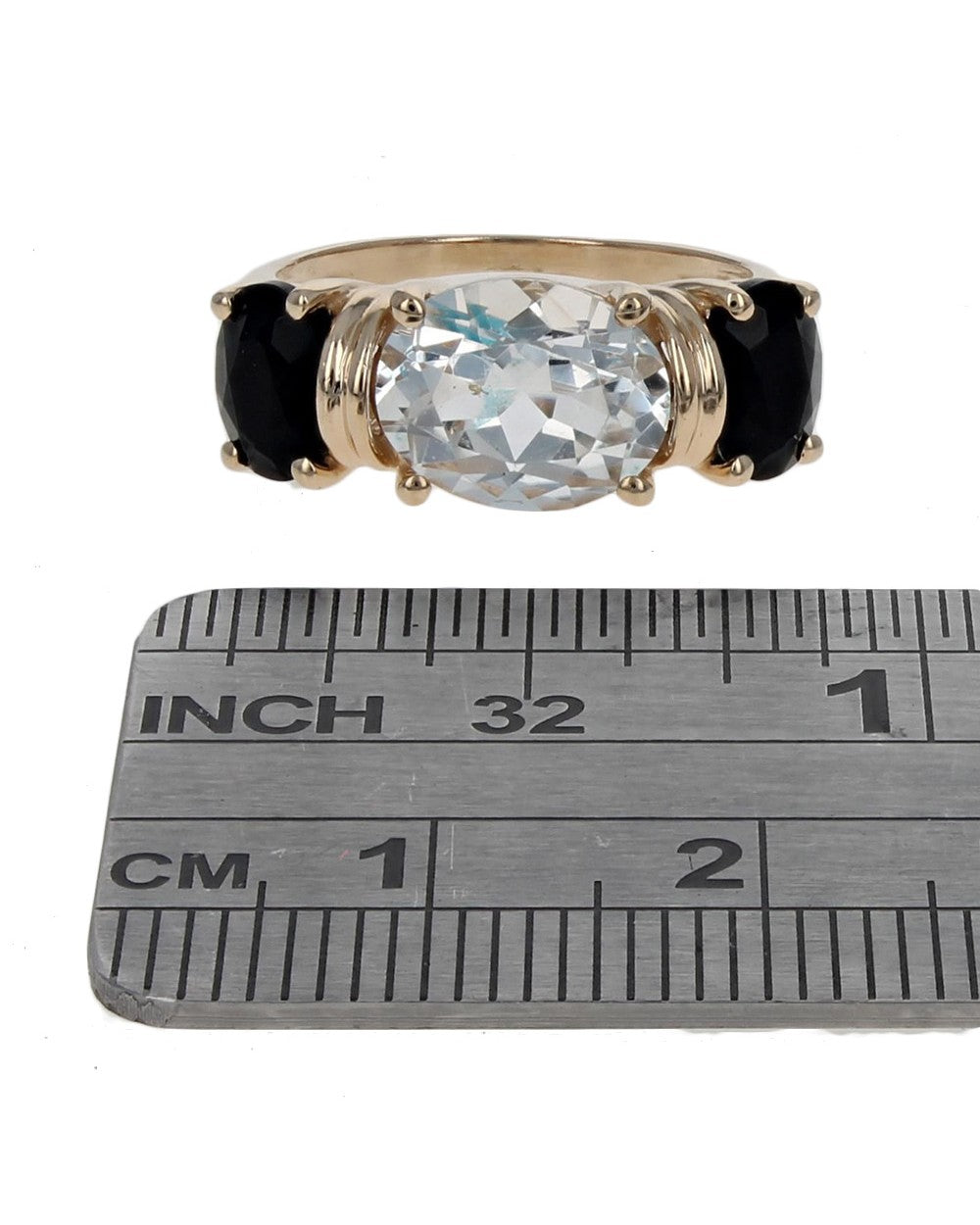 3 Stone White Topaz and Black Onyx Ring