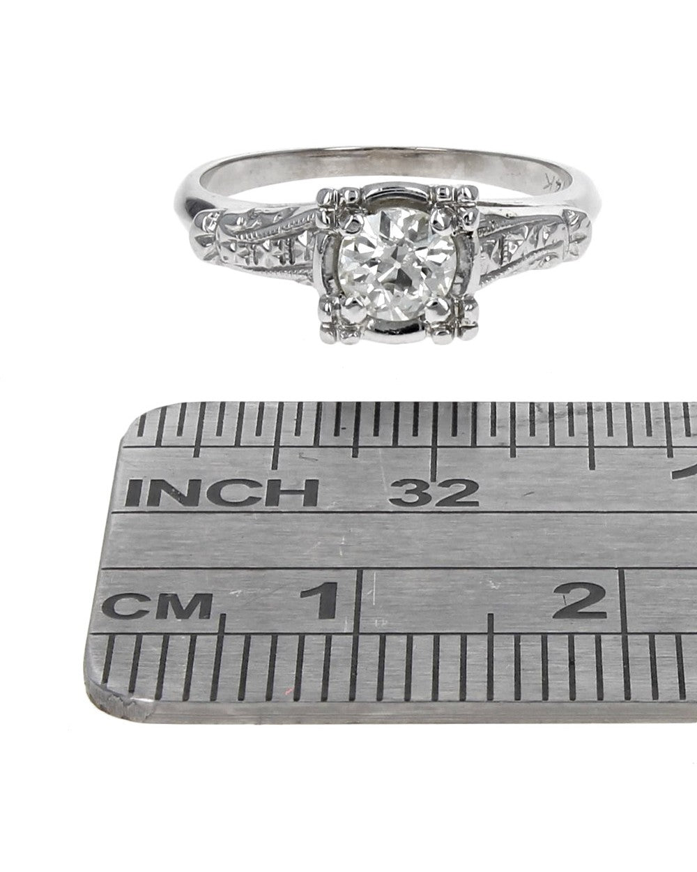 Vintage Diamond Solitaire Milgrain Engagement Ring in White Gold