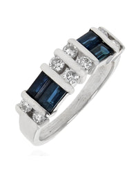 Blue Sapphire and Diamond Tapered Ring in White Gold
