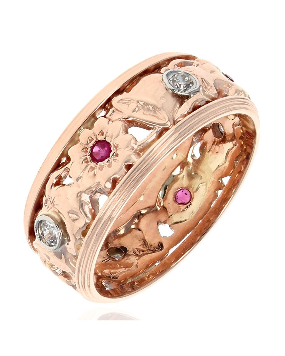 Diamond and Ruby Open Cut Floral Motif Band in Rose Gold