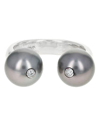 Gauthier Black Tahitian Pearl and Diamond Accent Open Ring in White Gold