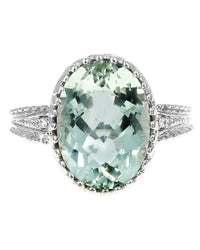 Prasiolite and Diamond Milgrain Accent Ring in White Gold