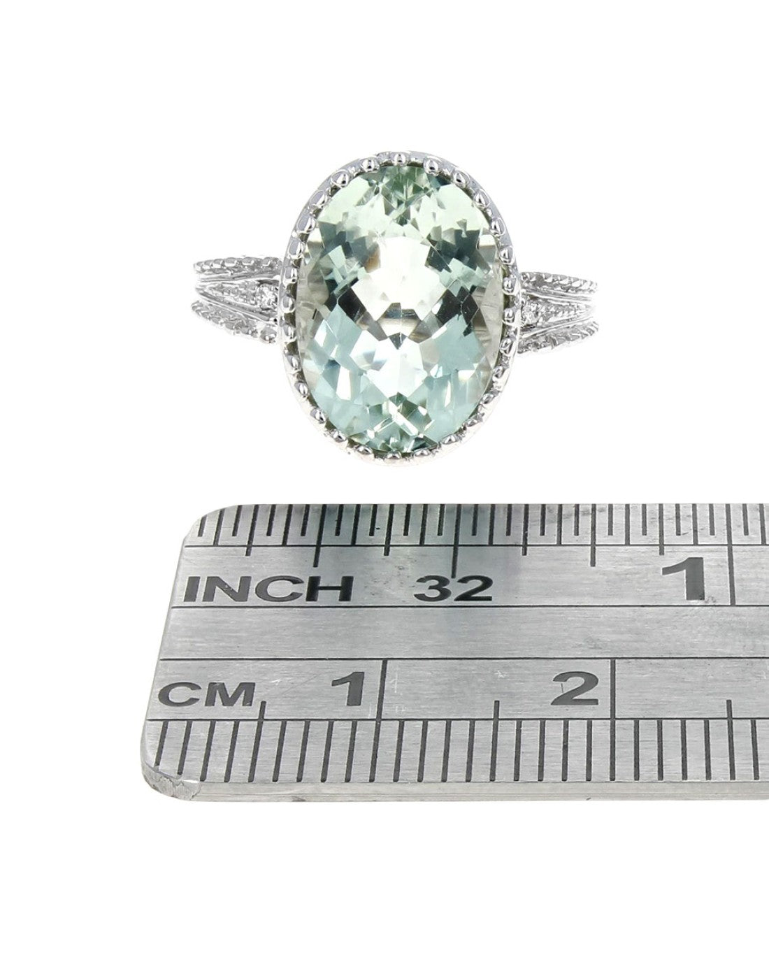 Prasiolite and Diamond Milgrain Accent Ring in White Gold