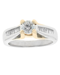 Round and Baguette Diamond Engagement Ring in White and Yellow Gold