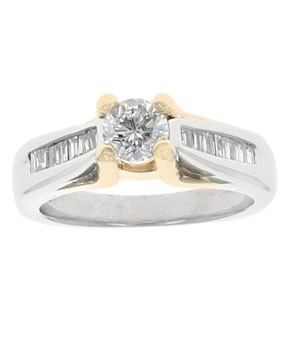 Round and Baguette Diamond Engagement Ring in White and Yellow Gold