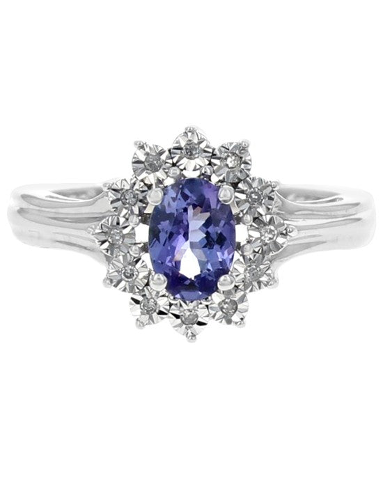 Tanzanite and Diamond Halo Ring in White Gold
