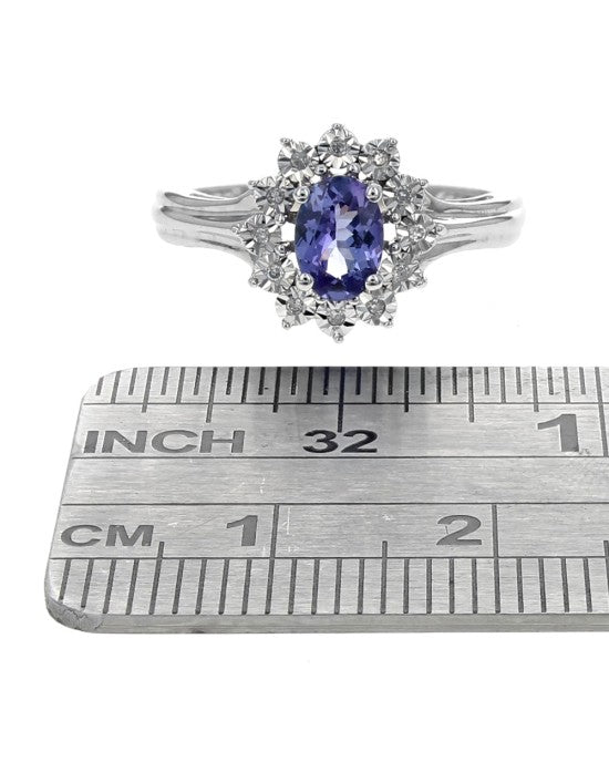 Tanzanite and Diamond Halo Ring in White Gold