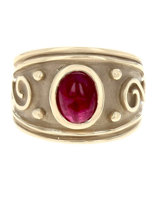 Ruby Cabochon Scroll Accent Ring in Yellow Gold