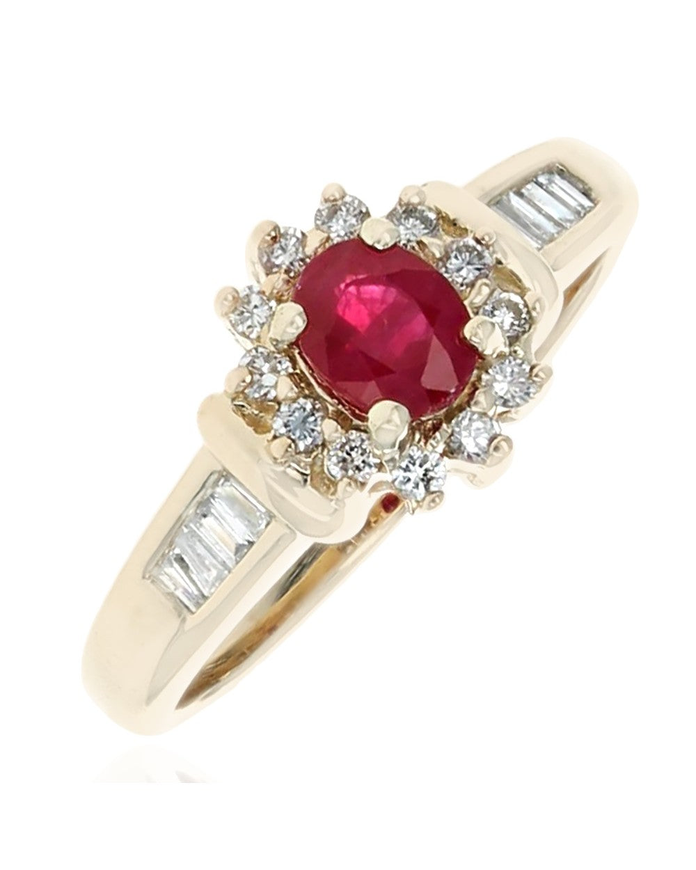 Ruby and Diamond Halo Ring in Yellow Gold