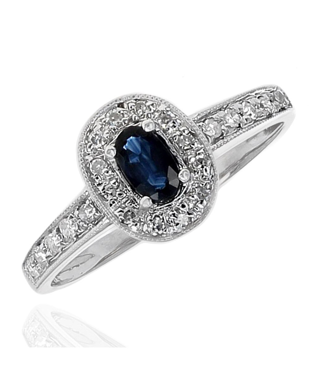 Blue Sapphire and Diamond Halo Ring in White Gold