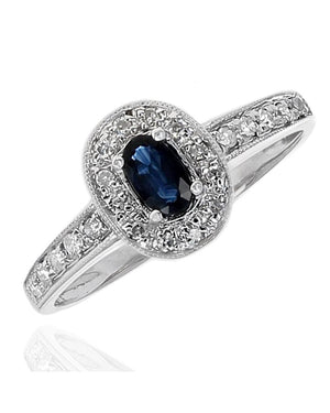 Blue Sapphire and Diamond Halo Ring in White Gold