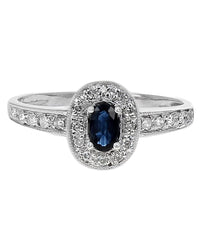 Blue Sapphire and Diamond Halo Ring in White Gold