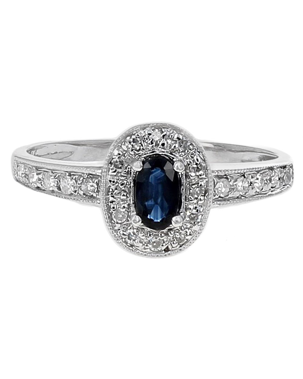 Blue Sapphire and Diamond Halo Ring in White Gold