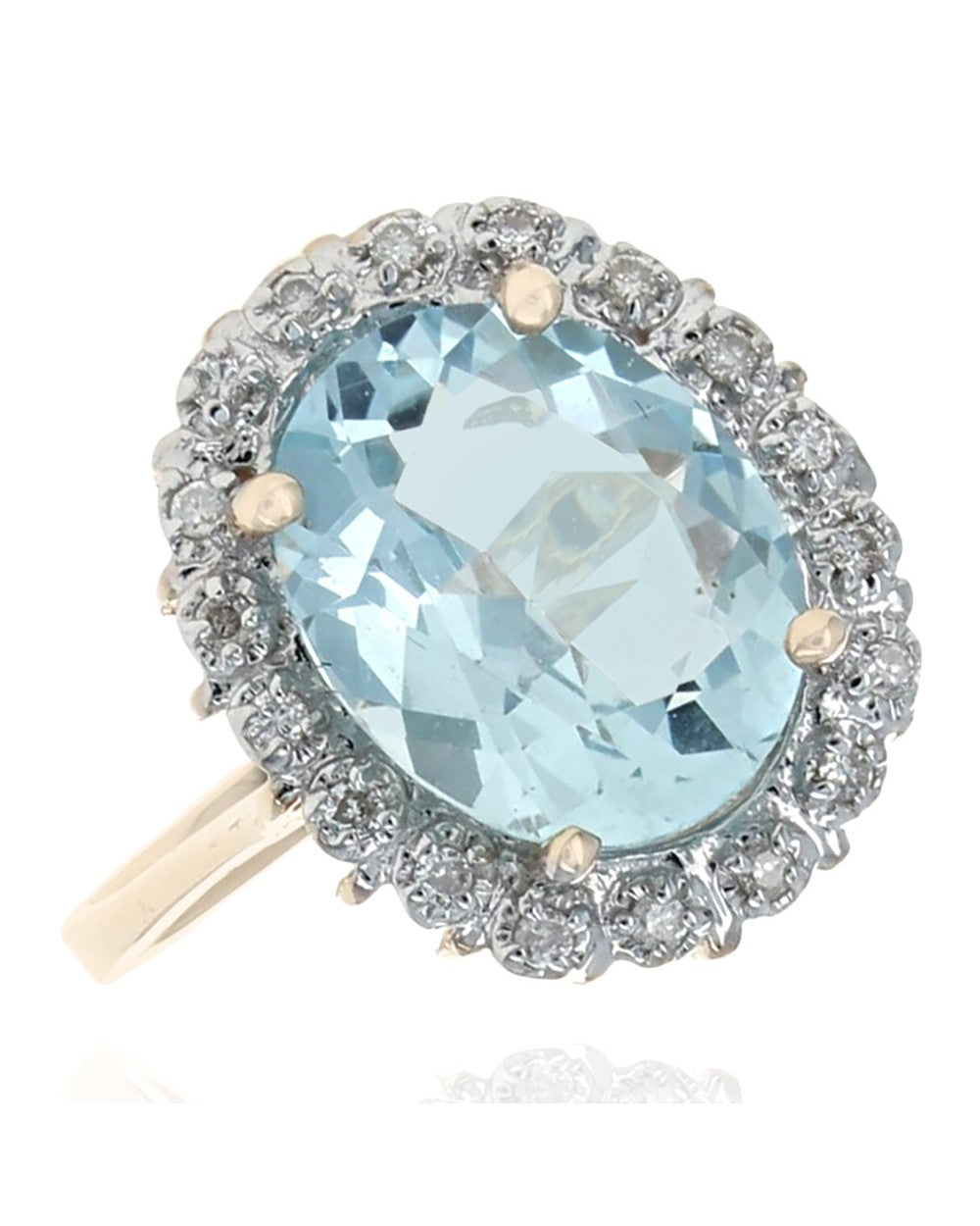 Aquamarine and Diamond Halo Ring in 2 Toned Gold