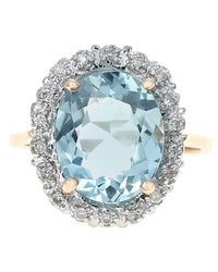 Aquamarine and Diamond Halo Ring in 2 Toned Gold