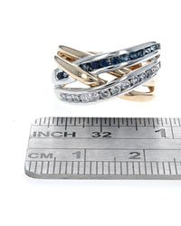 Blue Sapphire and Diamond Open Crossover Ring in White and Yellow Gold
