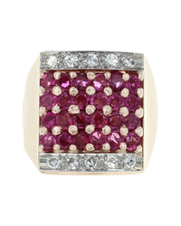 6 Row Ruby and Diamond Square Top Ring in Yellow Gold
