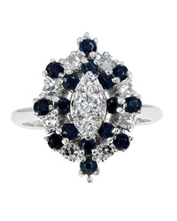 Alternating Diamond and Blue Sapphire Marquise Shaped Halo Ring in White Gold