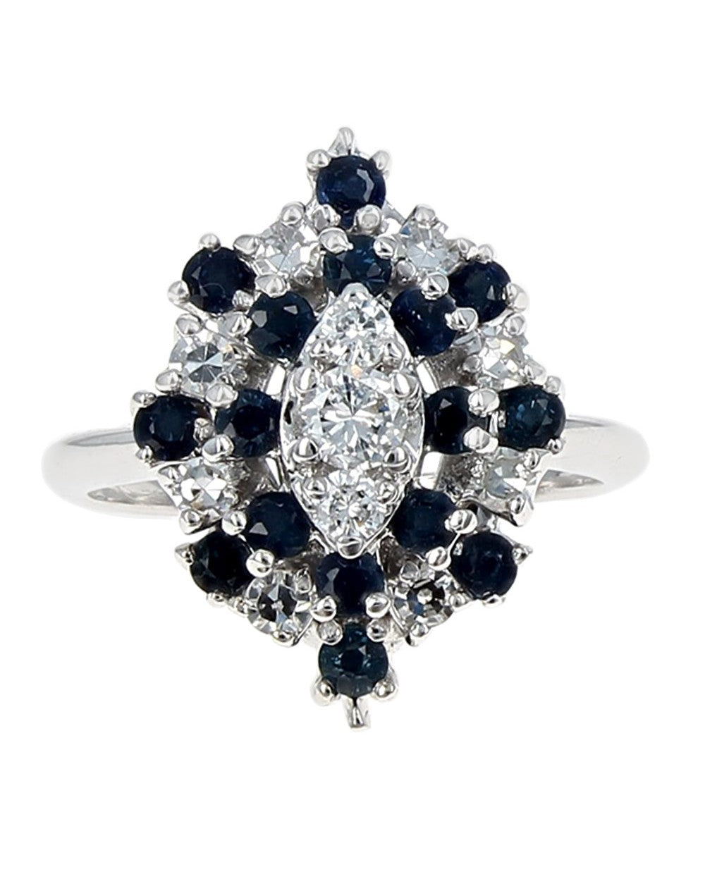 Alternating Diamond and Blue Sapphire Marquise Shaped Halo Ring in White Gold