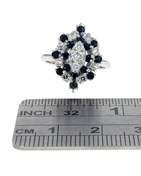 Alternating Diamond and Blue Sapphire Marquise Shaped Halo Ring in White Gold