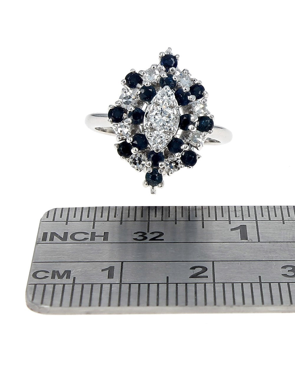 Alternating Diamond and Blue Sapphire Marquise Shaped Halo Ring in White Gold