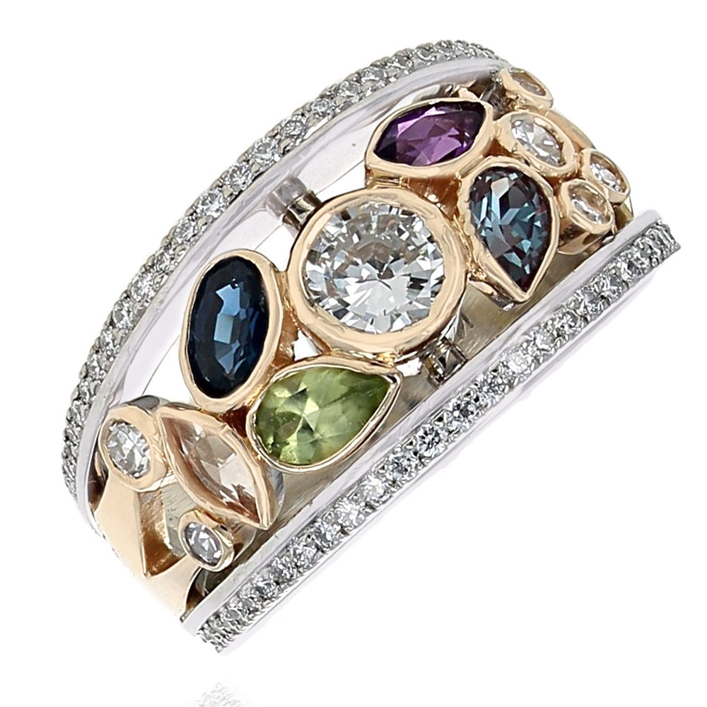 Mixed Gemstone and Diamond Edged Open Tapered Band