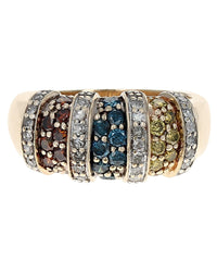 Irradiated and White Diamond Vertical Bar Split Ring in Yellow Gold