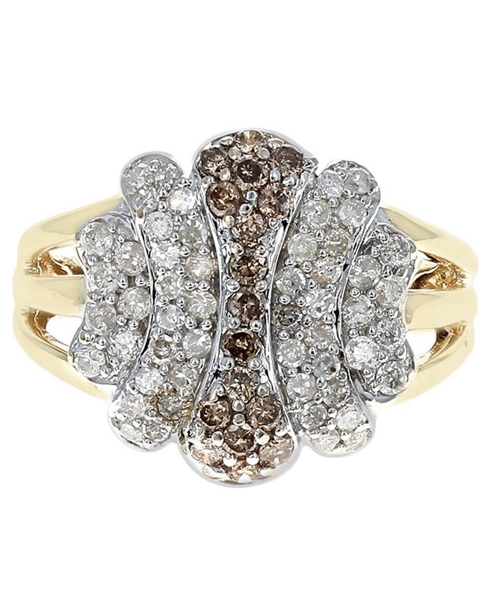 5 Row Diamond Graduated Split Shank Ring in White and Yellow Gold