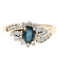 Blue Sapphire and Diamond Halo Bypass Ring in Yellow Gold