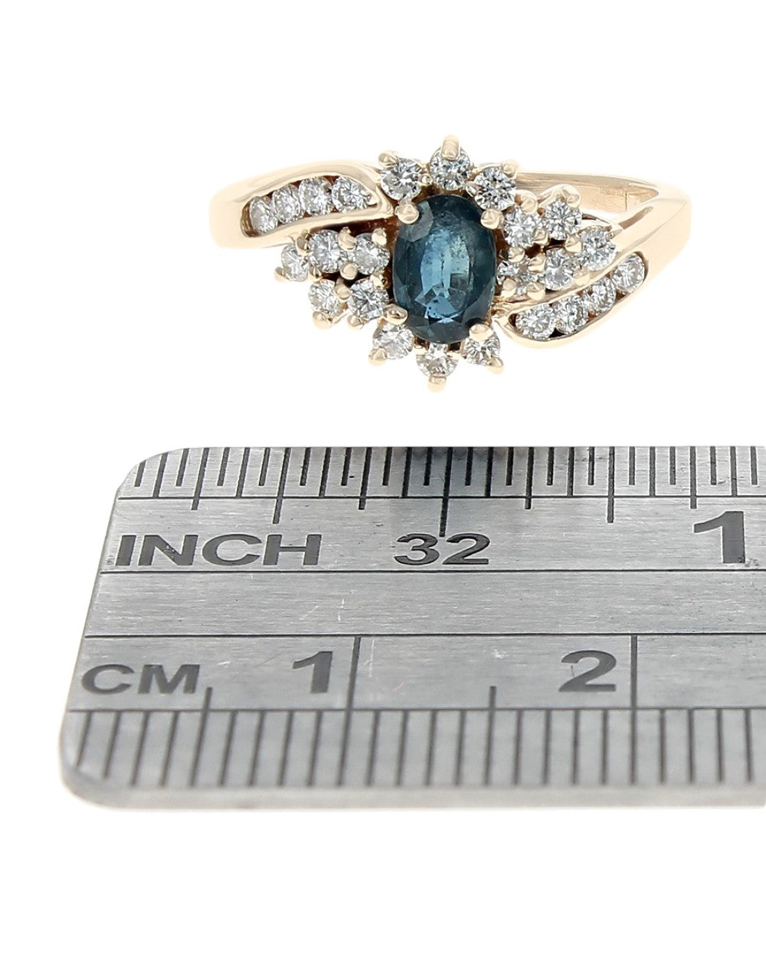 Blue Sapphire and Diamond Halo Bypass Ring in Yellow Gold