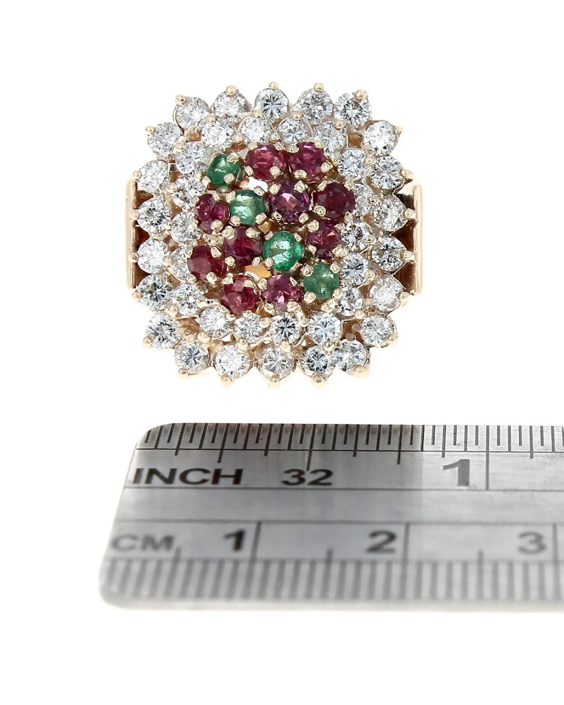 Ruby, Emerald, and Diamond Double Halo Ring in Yellow Gold